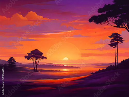 A vibrant background with a fiery orange sun dipping below the horizon  casting long shadows across a landscape of lush greenery.