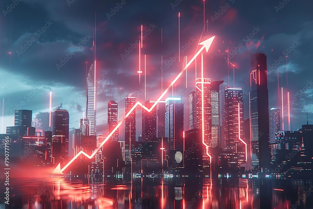 A city skyline is lit up with neon lights, creating a futuristic and vibrant atmosphere