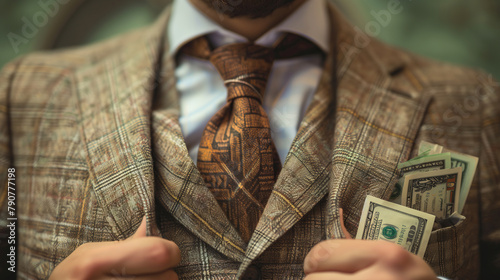 The capitalist conductor. A sharp-dressed man in a suit and tie confidently holds a stack of money in his hands, exuding wealth and power photo