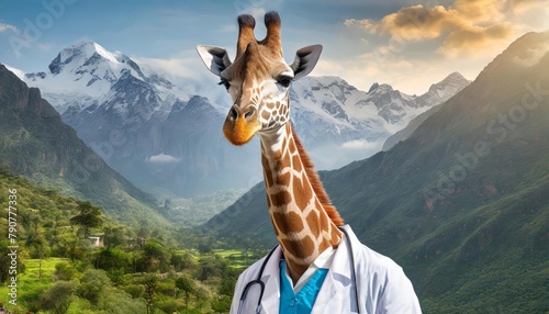 Cute giraffe in a doctor's outfit with a stethoscope around his neck photo