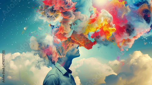 Illustration of person and a large number of colors emanating from his head, which symbolize the beauty of emotions and human condition #790777503