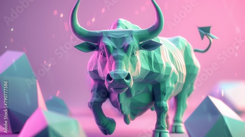 A stylized polygonal bull bathed in a vivid pink light, symbolizing financial strength and market growth.