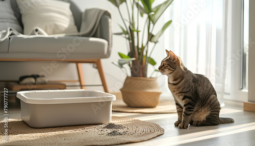 Litter box for cat on floor in room