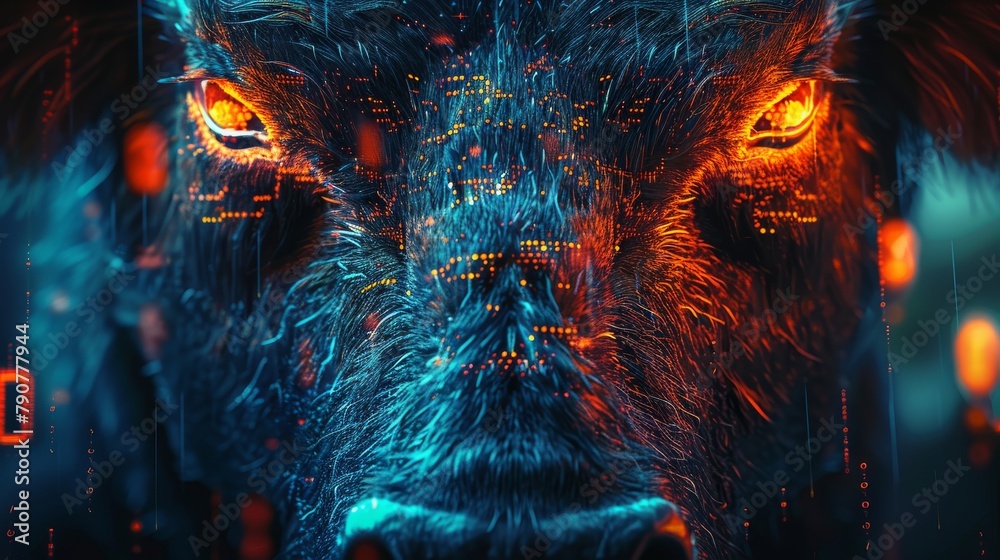 A bull overlaid with glowing digital market data symbolizing the integration of technology in financial markets.