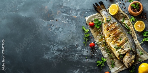 baked dorado fish, top view, copy space. appetizing delicious food, fried fish with lemon and herbs. dark background photo