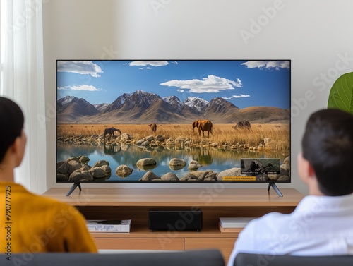 Two people are watching a nature documentary on a large television. Concept of wonder and appreciation for the beauty of nature photo