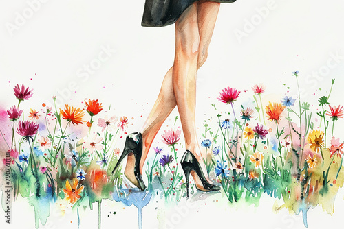 A woman in a black dress is walking through a field of flowers