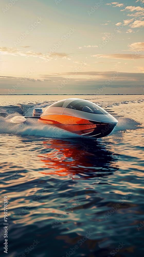 A boat is on the water with the sun setting in the background A boat is on the water with the sun setting in the background