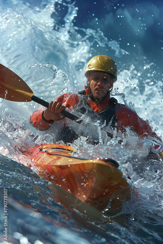 A man in a yellow helmet paddles a yellow kayak in the ocean © BetterPhoto