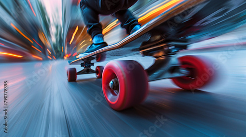 A skateboarder is riding down a street with a blurred background