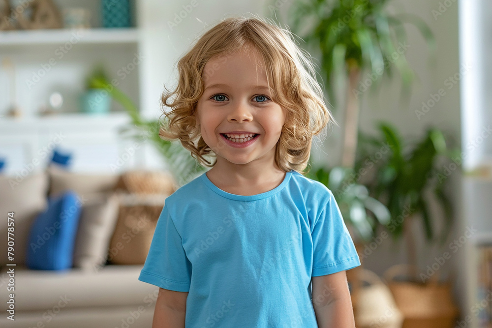 A young child wearing a blue shirt is smiling and looking at the camera A young child wearing a blue shirt is smiling and looking at the camera