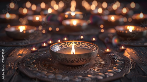 Candles act as beacons in a transcendental voyage with mandalas and singing bowls. photo