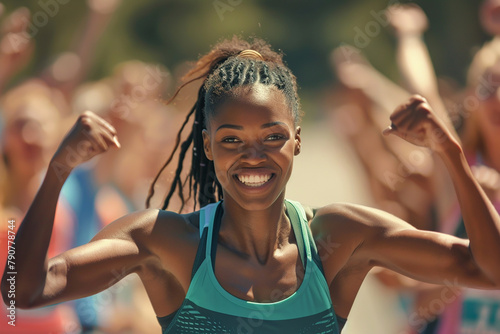 A woman with a smile on her face is flexing her arm