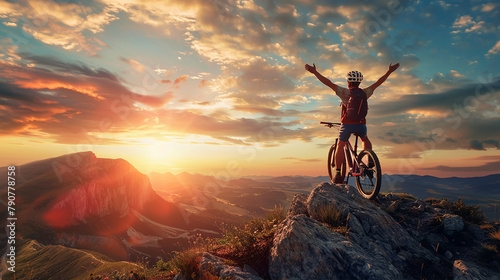 A man is riding a bike on a mountain top, with the sun setting in the background