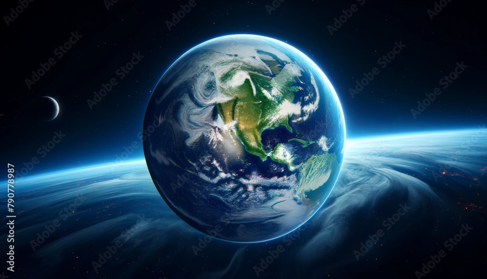 Naklejka premium Earth's stunning beauty showcased in wide aspect ratio, with swirling oceans and verdant landmasses.