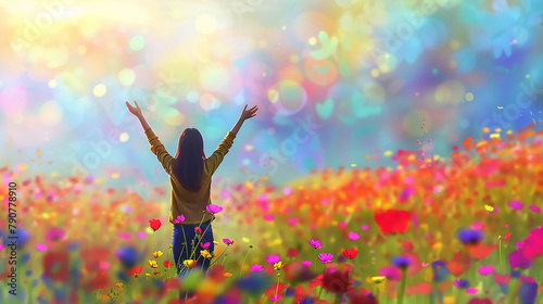 Woman with raised arms in a vibrant flower field