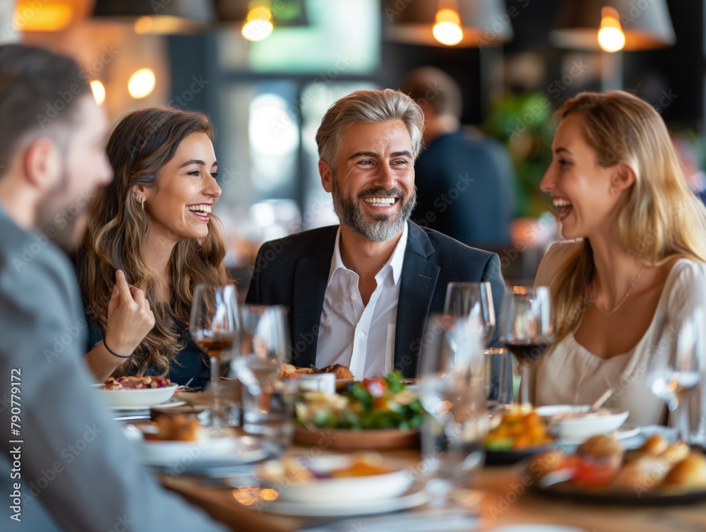 A group of people are sitting at a table with wine glasses and plates of food. They are smiling and laughing, enjoying each other's company. The atmosphere is warm and friendly