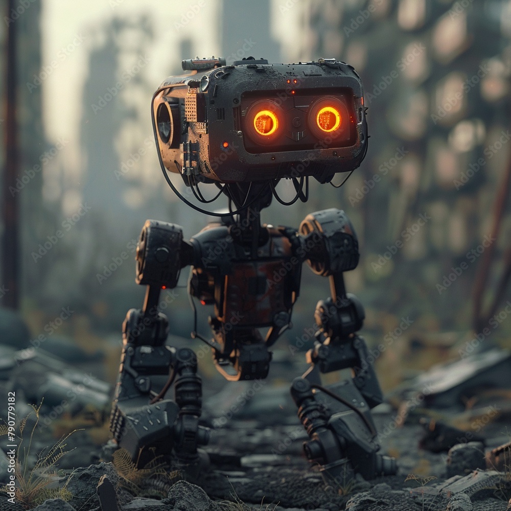 A robotic creature with glowing eyes wandering through a post-apocalyptic wasteland A robotic creature with glowing eyes wandering through a post-apocalyptic wasteland