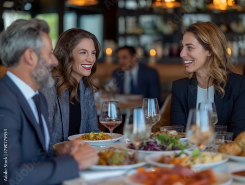A group of people are sitting at a table with wine glasses and plates of food. They are smiling and laughing, enjoying each other's company. The atmosphere is warm and friendly