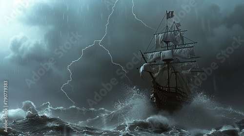 Pirate ship battling stormy seas in 3D vector photo