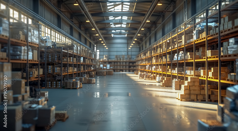 Big distribution industrial warehouse with cardboard boxes on the shelves. Background of storage with copy space.