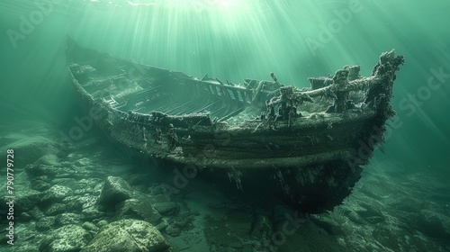 Lost to the depths, the skeletal frame of a medieval shipwreck rests in silent repose, a test photo