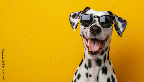 Adorable Dalmatian dog wearing black sunglasses in front of yellow background with copy space. photo