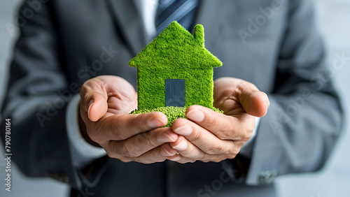 Businessman in suit holds green house in his hands, business investment concept, eco-friendly.