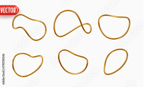 Set of Rings circle curves of geometric shapes of curved shape. Deformed folded twisted metal rings. Realistic 3d decor element for designs. Vector illustration