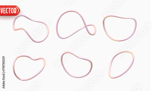 Set of Rings circle curves of geometric shapes of curved shape. Deformed folded twisted metal rings. Realistic 3d decor element for designs. Vector illustration