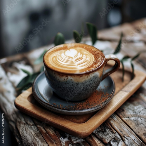cup of cappuccino, A professional photo of a hot coffee being served on a cute cup on top of a modern table 