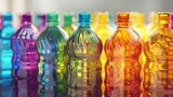 Many colored soda bottles on table