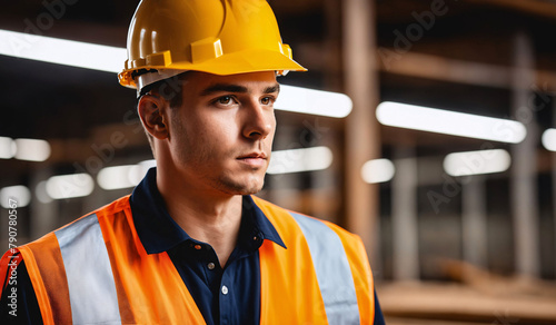 side shot of skeptical young construction worker wearing yellow helmet in industrial factory or warehouse, expressing doubt, cynical, disbelieve, dubious, incredulous, mistrustful, unconvinced 