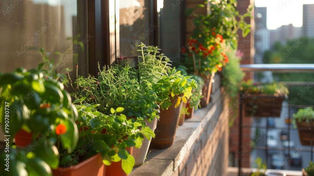 A small, lush balcony garden in a bustling urban cityscape, showcasing a variety of plants and vegetables being cultivated in compact spaces for sustainable living and self-sufficiency.