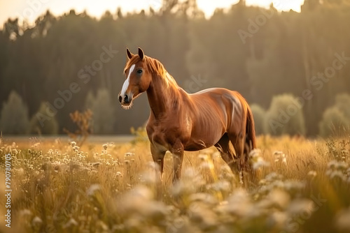 Beautiful brown horse standing in high grass in sunset light. Red horse with long mane in flower field, arabian horse grazing on pasture