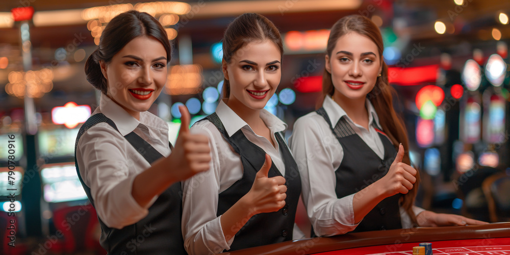 Three women standing in front of a casino table, smiling and giving thumbs up gestures. Three women standing in front of a casino table, smiling and giving thumbs up gestures.