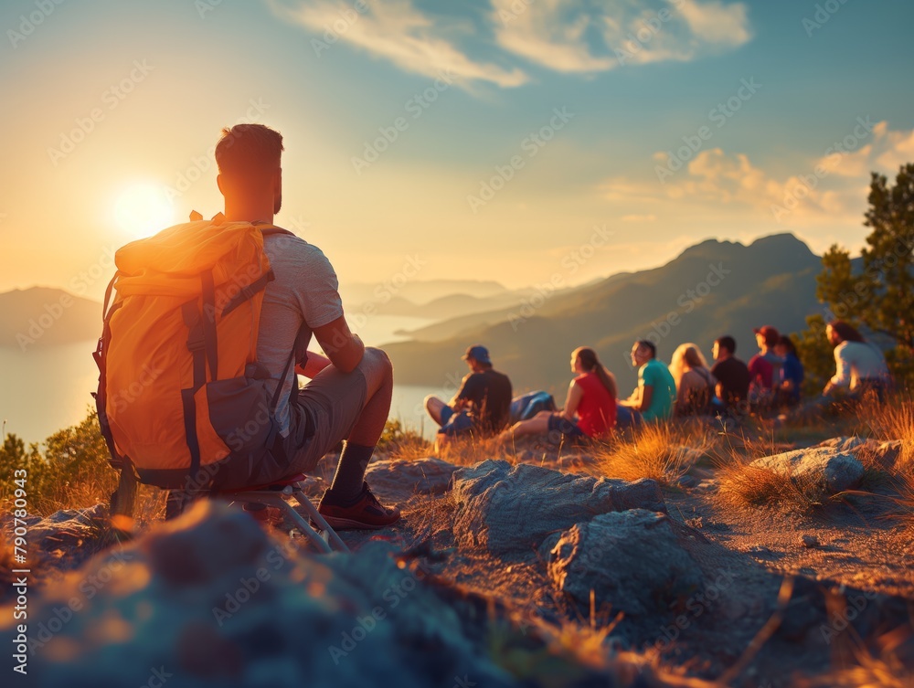A man sits on a mountain top with a group of people around him. The sun is setting in the background, creating a warm and peaceful atmosphere. The group of people are all wearing backpacks - obrazy, fototapety, plakaty 
