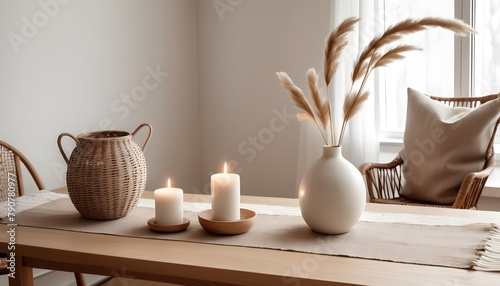 Minimal Scandinavian contemporary wooden table. Wicker  candles  vase 
