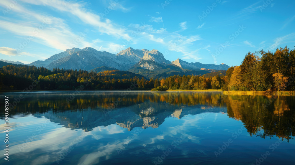 Obraz premium Majestic mountain peaks are reflected in the calm lake, surrounded by dense forests and the blue sky in a peaceful autumn at dawn