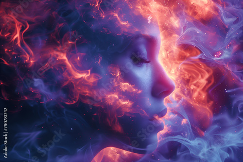 Visage de femme de profil et ondes cosmiques violettes photo