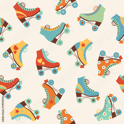 Seamless pattern with colourful retro roller skates. Vector illustration.