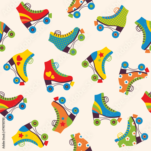 Seamless pattern with colourful retro roller skates. Vector illustration.