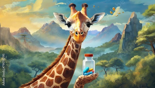 Photo of a cute giraffe in nature holding a medicine capsule in its mouth photo