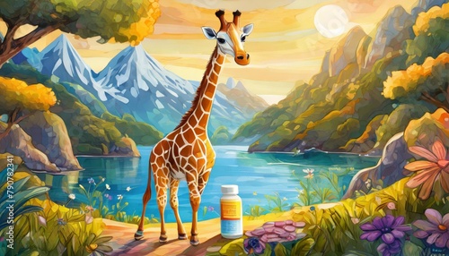 A full-length photo of a giraffe in nature with a medicine bottle next to it
