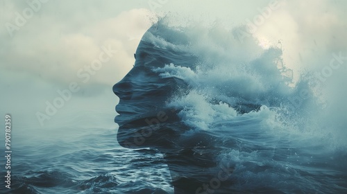 Double exposure ocean, woman's face in ocean with waves crashing in background, surf drop rock object seascape photo
