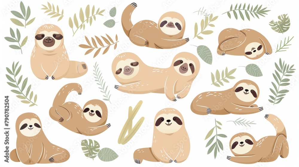 Naklejka premium This cute set of sloth moderns features several wildlife animals in different poses in flat colors. Adorable funny animals and many characters are drawn on white backgrounds to make the set even more