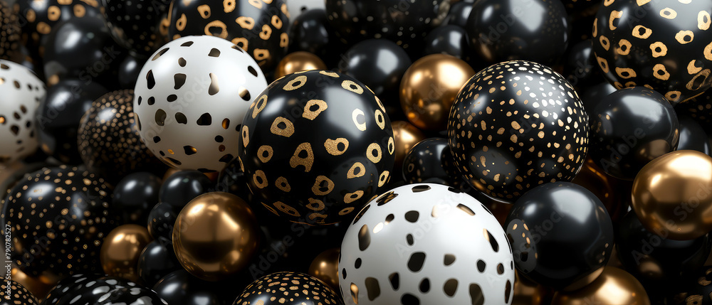 Celebrations background with glossy, helium balloons, golden confetti decoration. Leopard, polka dot print. Holidays mockup. Birthday greeting card. Generative ai Celebrations background with glossy, helium balloons, golden confetti decoration. Leopard, polka dot print. Holidays mockup. Birthday greeting card. Generative ai