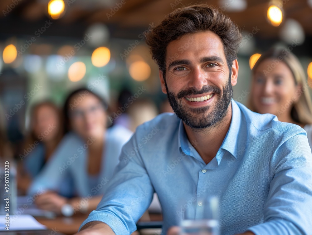A man with a big smile is sitting at a table with other people. He is wearing a blue shirt and a white shirt