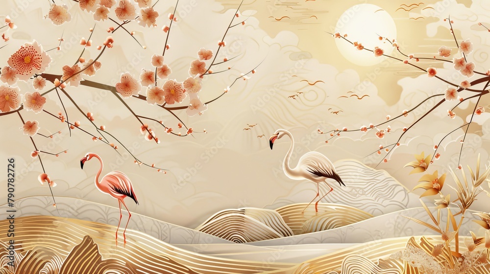 Naklejka premium The most luxurious gold oriental style background modern. Chinese and Japanese oriental line art with golden textures. Wallpaper with Cherry blossom flower and Flamingo. Ocean and wave wall art.
