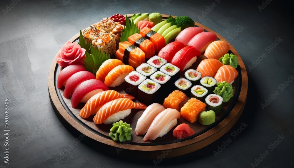 A captivating display of nigiri, sashimi, and maki rolls, bursting with colors and flavors on a traditional wooden serving board.